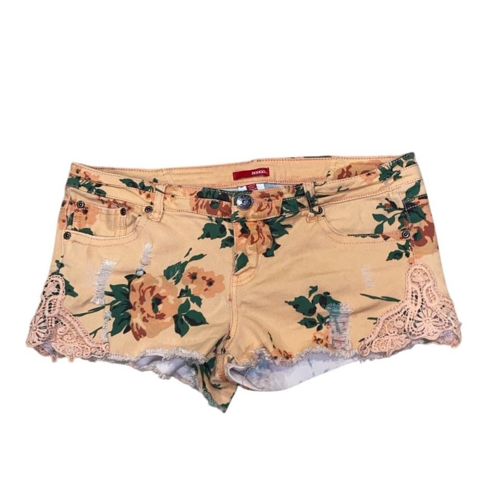 Y2K light orange floral print low rise micro mini shorts with lace detailing